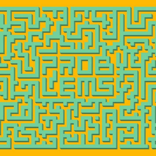 A hedge maze with the word problems spelled out in the middle.